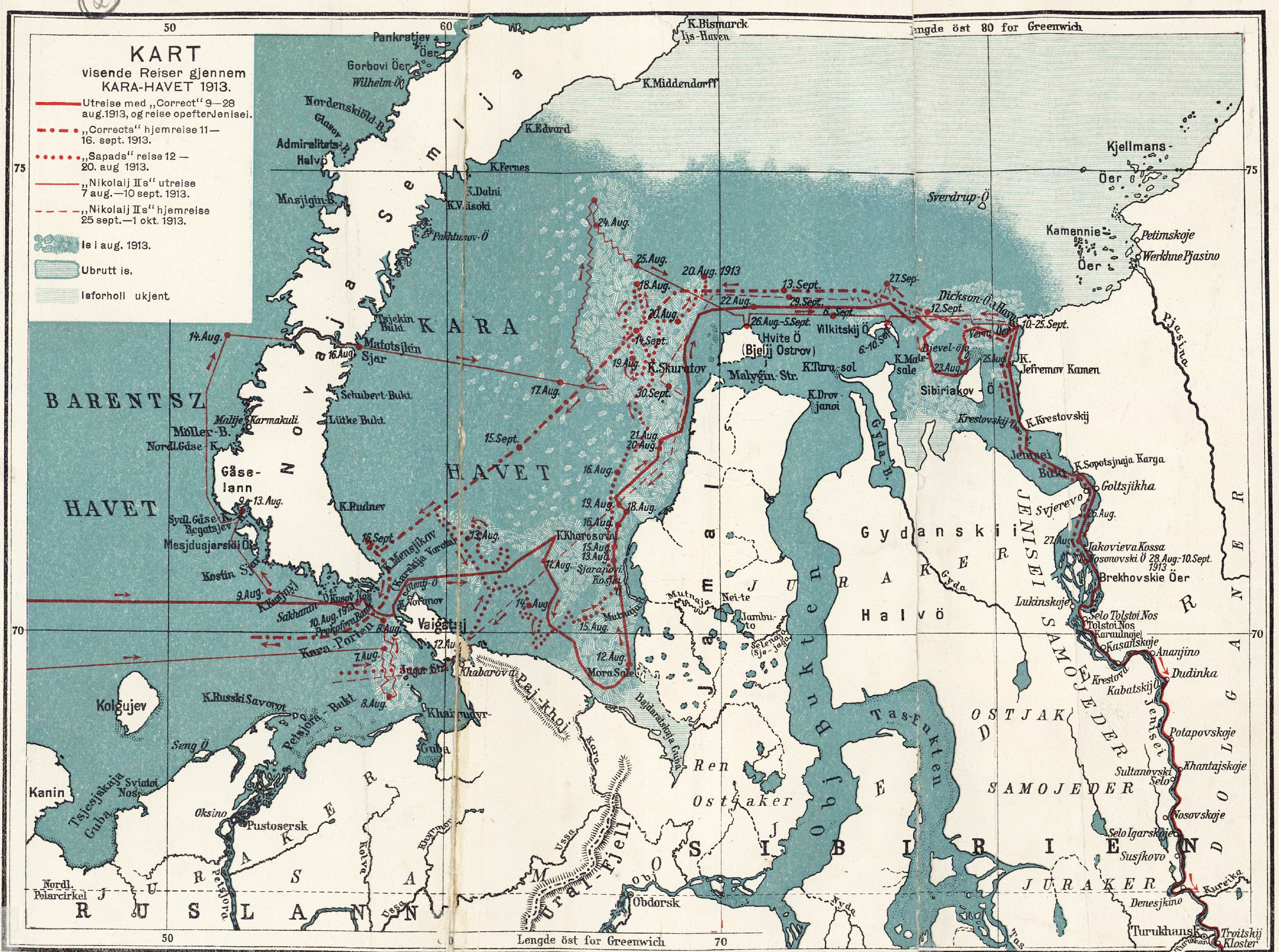 P509 Map of the Kara Sea and adjoining territories, showing the track of The Correct and the ice conditions