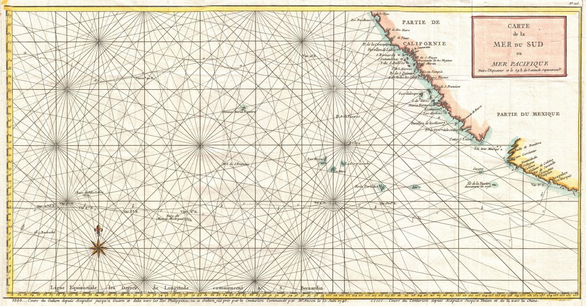1750 Anson Map of Baja California and the Pacific w- Trade Routes from Acapulco to Manila - Geographicus - MerDuSud-anson-1750