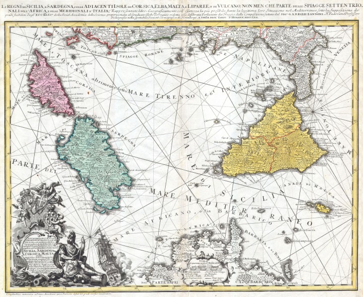 1762 Homann Heirs Map of Sicily, Sardenia, Corsica and Malta (ITALY) - Geographicus - RegniSicilia-homannheirs-1762