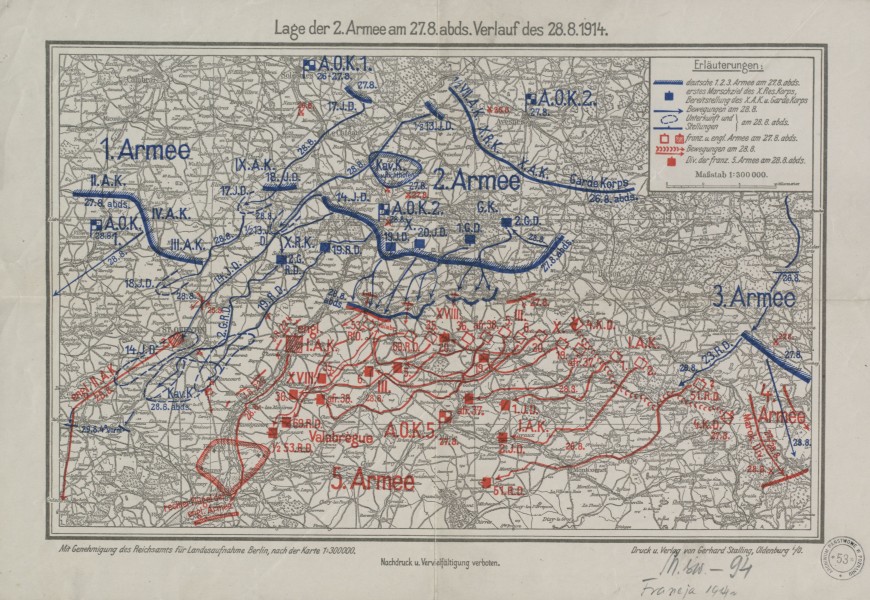2. Armee am 27.8. abds. Verlauf des 28.8.1914