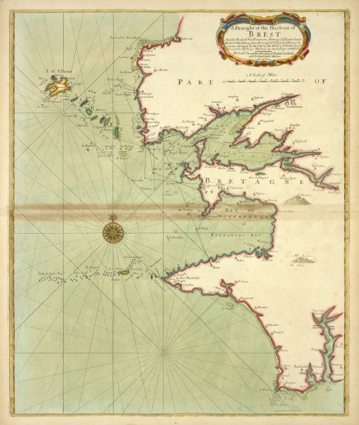 A draught of the harbour of BREST and the Trade of Ras Fountaine shewing Islands, Sands, Rocks and Harbours, from Port-sal and Ushent to Pennarks as it was surveyed by the order of the King (NYPL b13909432-1640594)