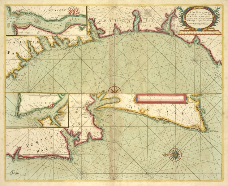A sea chart of part of the coasts of GALLISIA and PORTUGALL from Cape de Finistrre to the Burlings and from the Burlings to Cape de St. Vincent (NYPL b13909432-1640607)