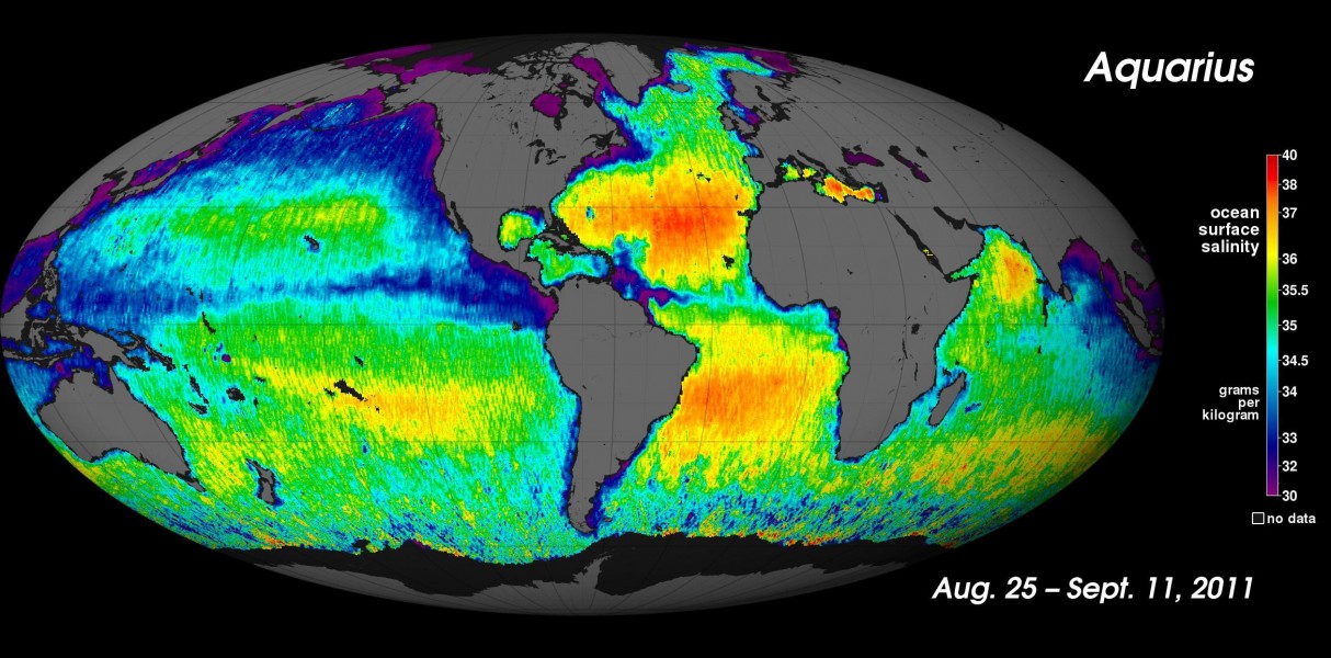 Aquarius spacecraft first global salinity map Aug-Sep 2011