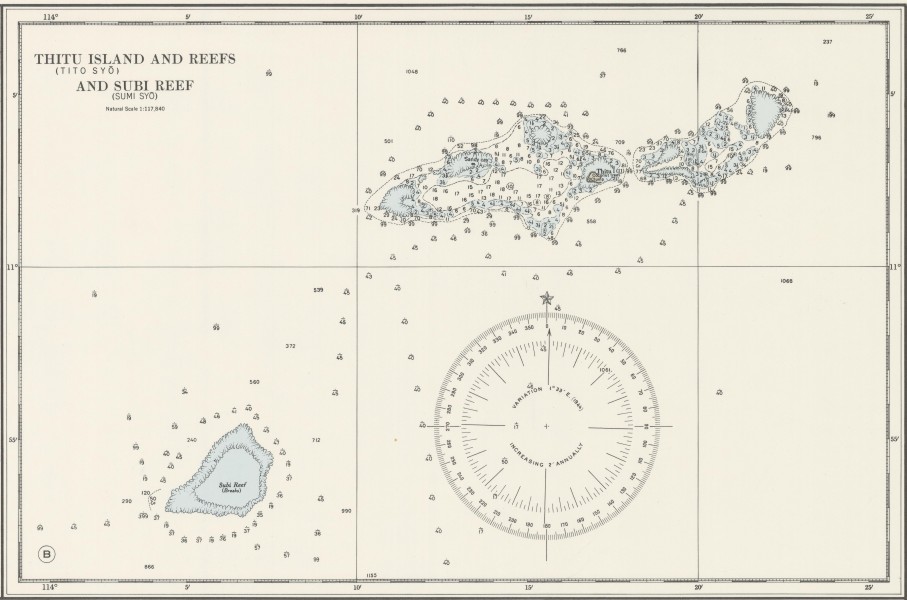 Thitu Reefs and Subi Reef nautical chart of 1911 (cropped)