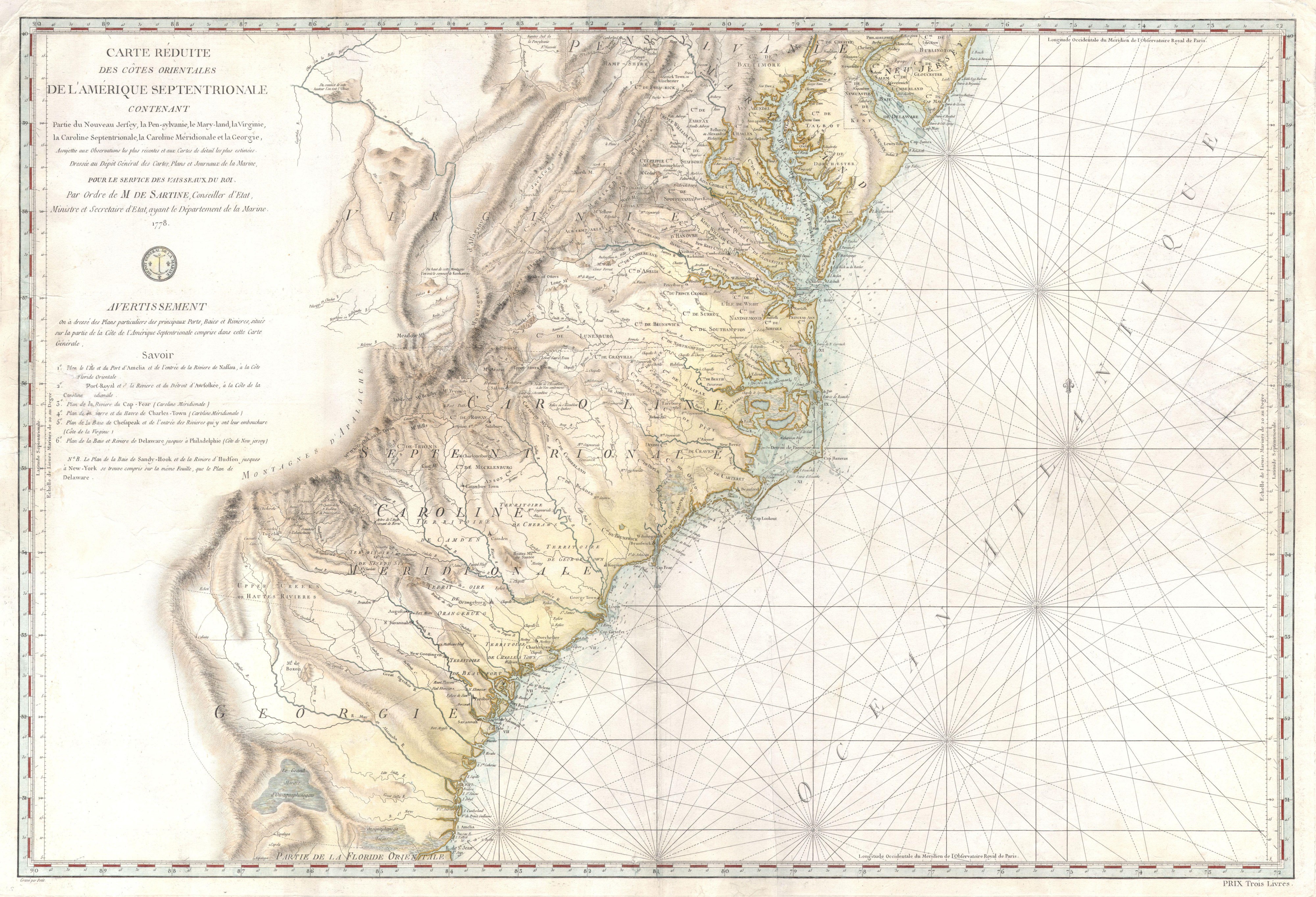 1778 Sartine Map of Georgia, North Carolina, South Carolina, Virginia and Maryland - Geographicus - Carolina-sartine-1778