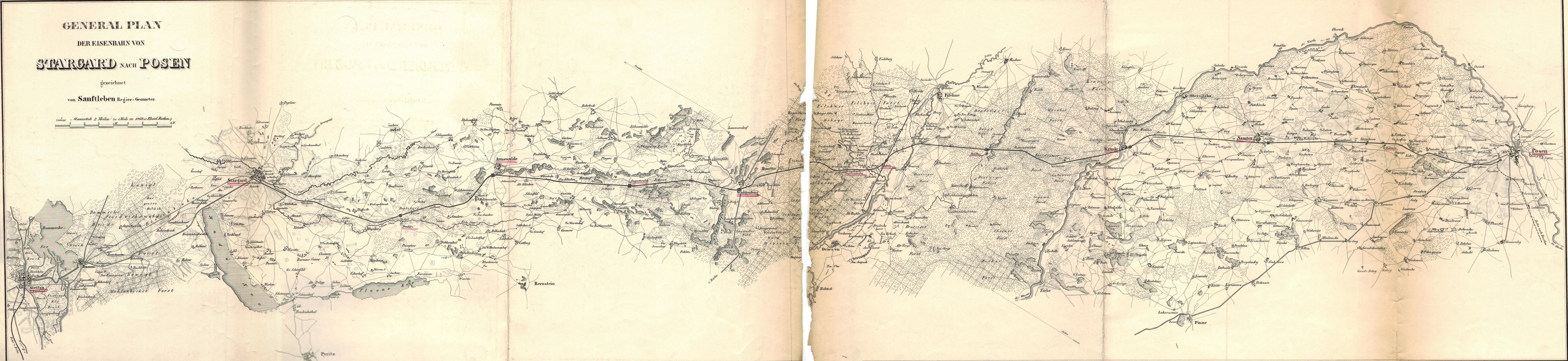 Mapa linii kolejowej Stargard - Poznań 1847 r.