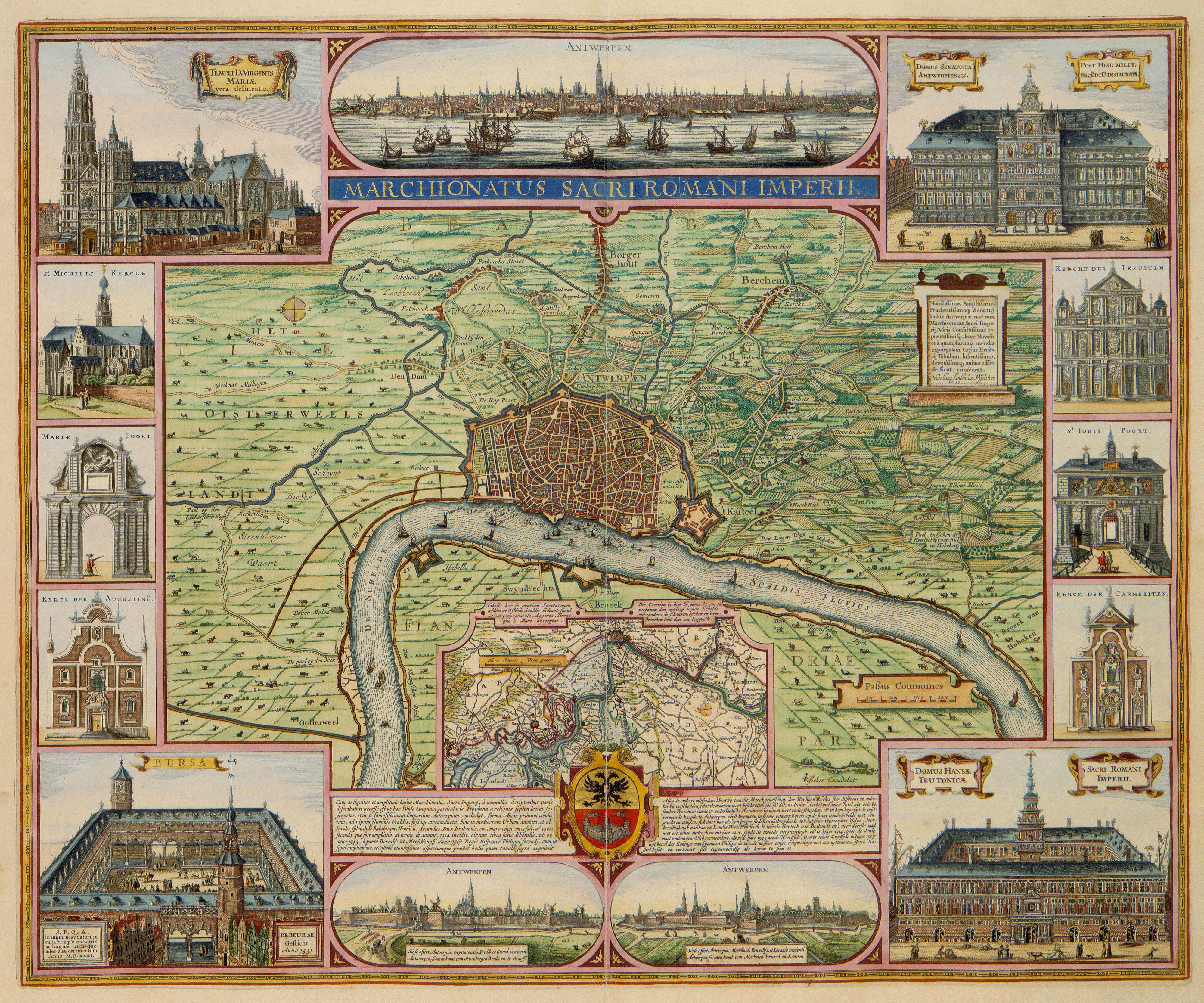 Marchionatus Sacri Romani Imperii - Antwerpen, het markgraafschap de de belangrijkste gebouwen (Claes Jansz. Visscher, 1624)