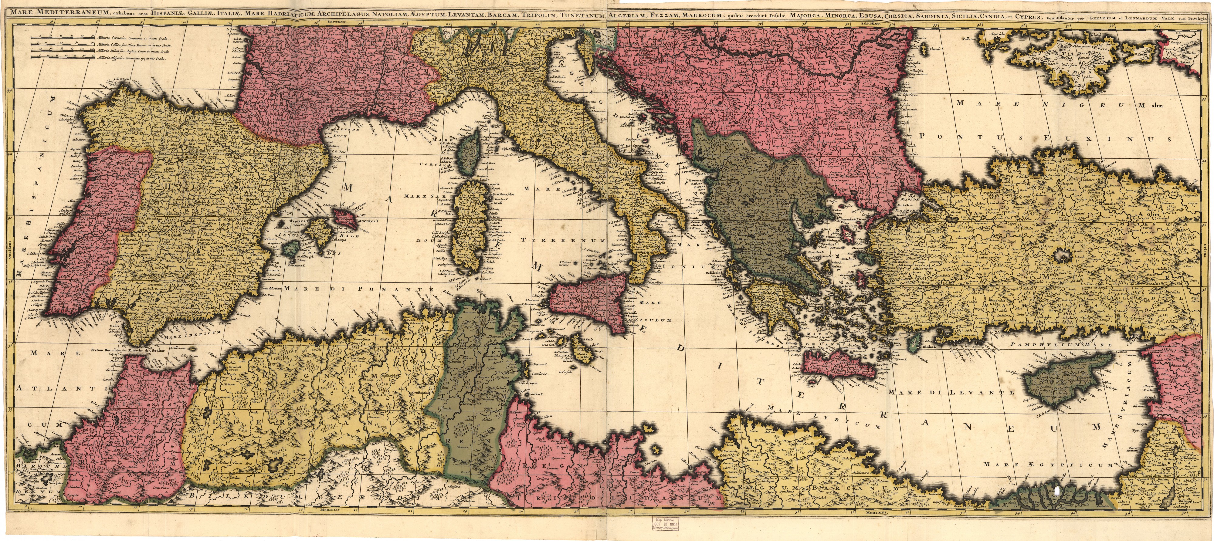 Mare mediterraneum, exhibens oras hispaniæ, galliæ, italiæ, mare hadriaticum, archipelagus, natoliam, ægyptum, levantam, barcam, tripolin, tunetanum, algeriam, fezzam, maurocum. LOC 2001620437