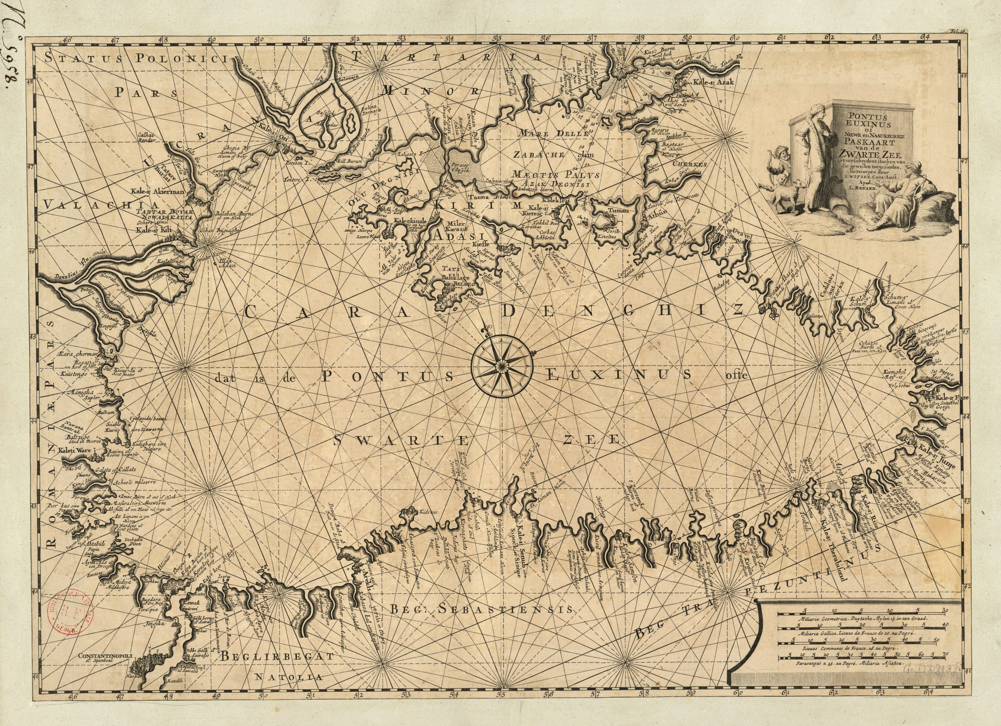 Nicolaas Witsen. Pontus Euxinus of niewe en naaukeurige paskaart van de zwarte zee uyt verscheydene stucken van die gewelten toegesonden, ontworpen door (18th century)