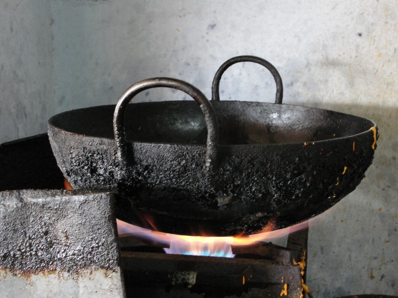 A closeup of frying pane