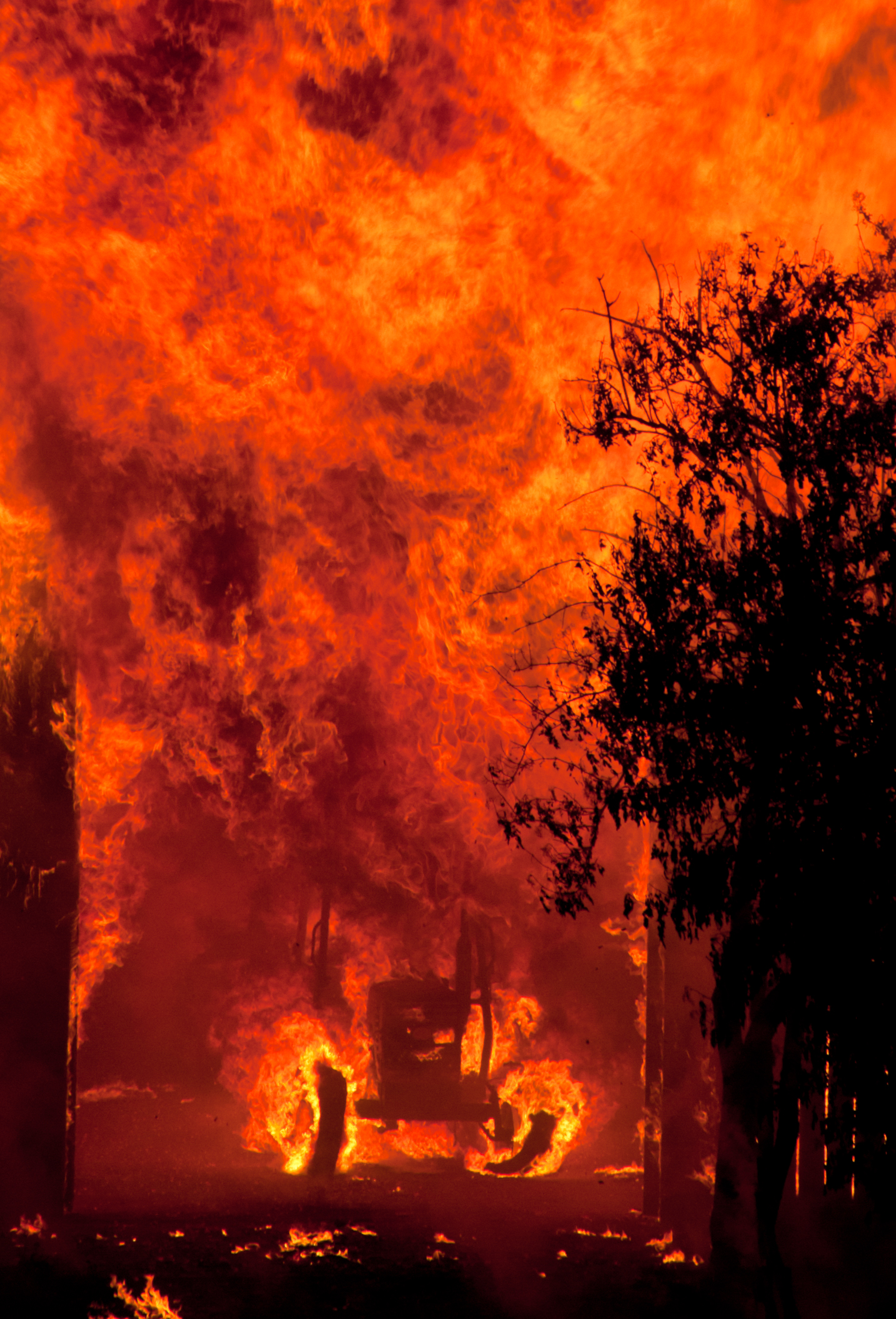 Burning tractor