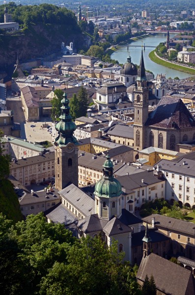 View of Stiftskirche Sankt Peter, Franziskanerkirche and Universitätskirche from Hohensalzburg Castle. Salzburg, Austria