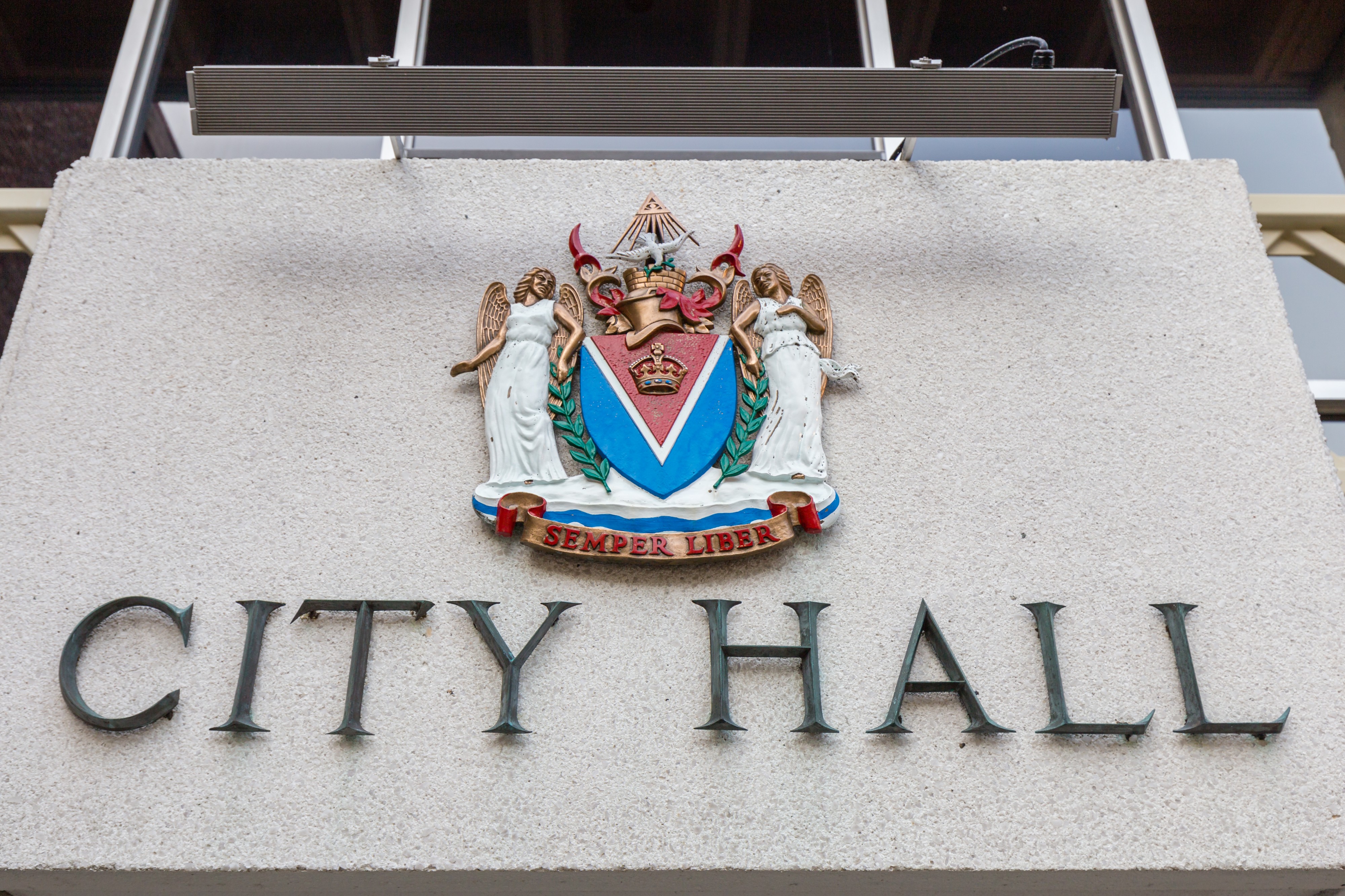 Coat of arms of Victoria on Victoria City Hall, Victoria, British Columbia, Canada 02
