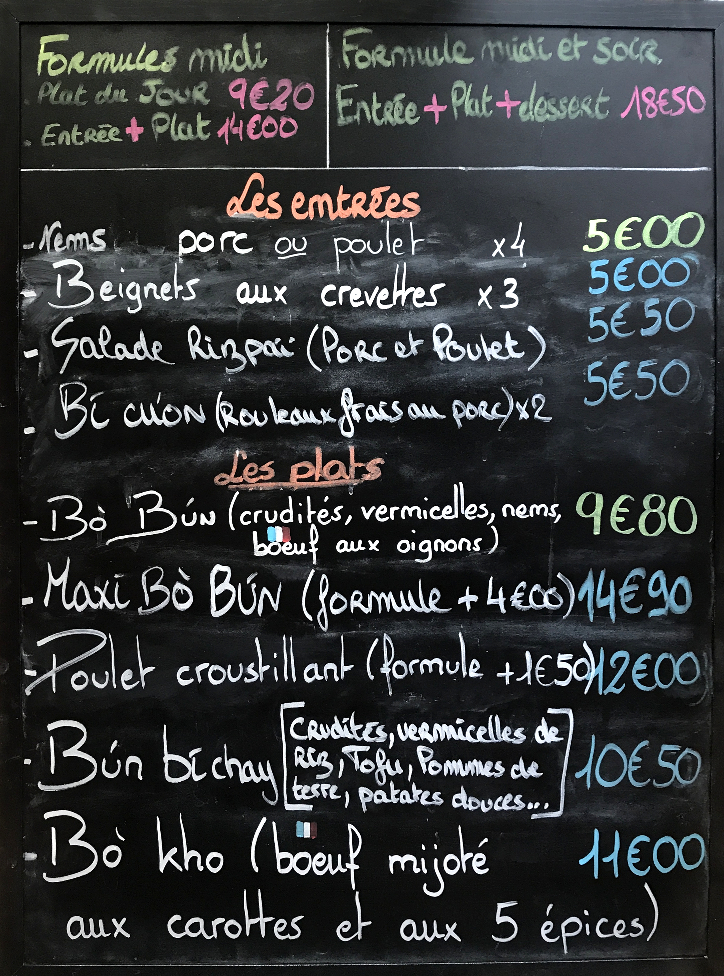 Menu du jour d'un restaurant asiatique lyonnais en 2017