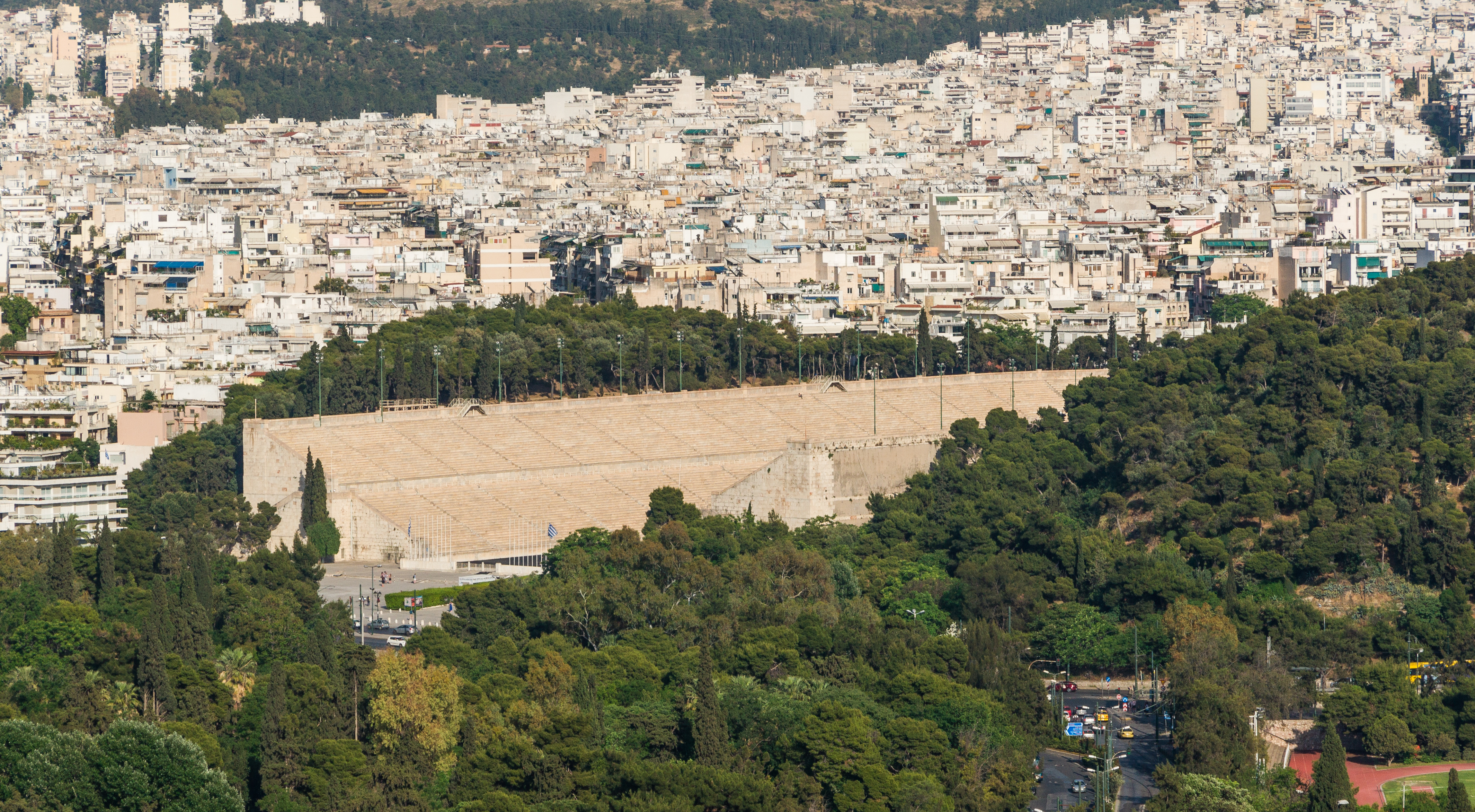 Panathenaic stadium, Pangrati borrough, from Acropolis, Athens, Greece
