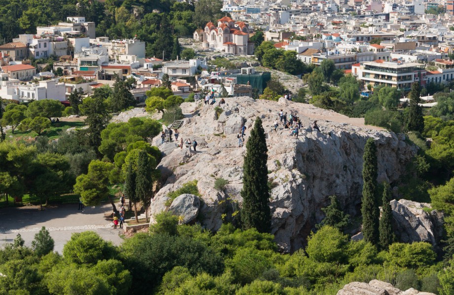 Areopagus hill Saint Paul from Acropolis Athens
