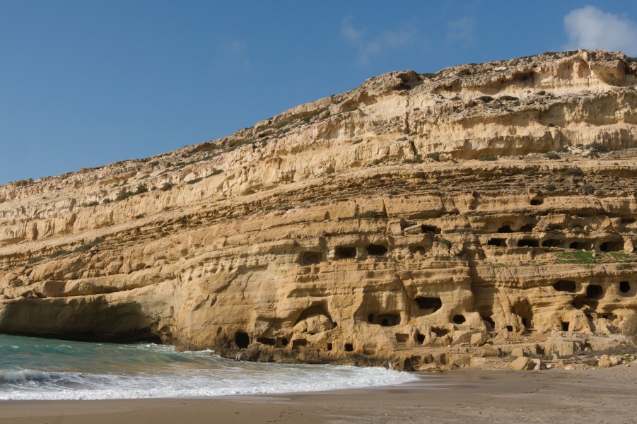 Caves cliff Matala shoreline Crete Greece