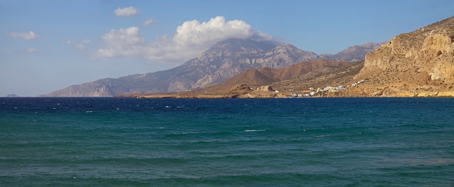 View of the Finiki village from Church of Hagia Sopfia. Karpathos, Greece