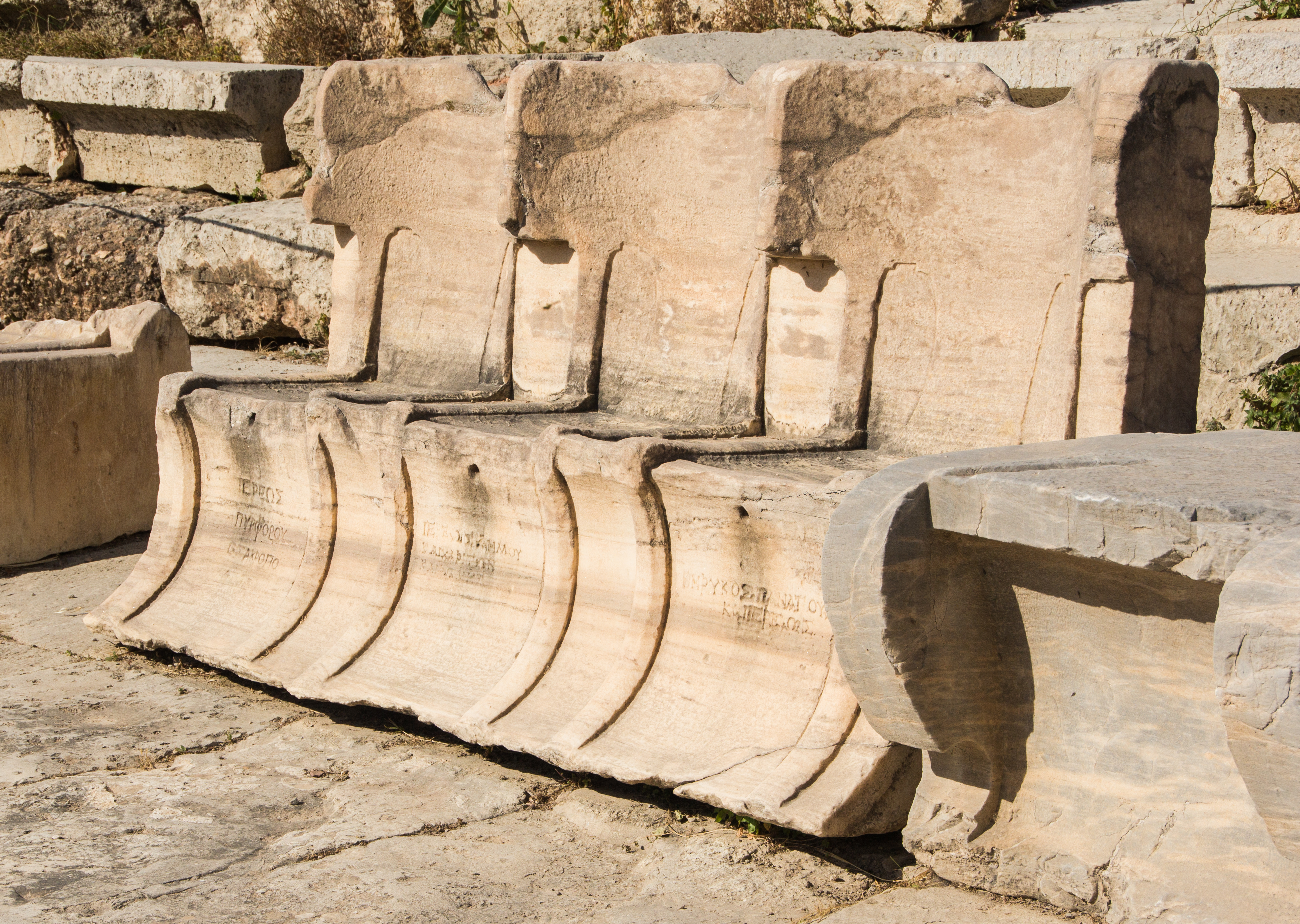Three stone thrones Dyonisos Theater Athens Greece