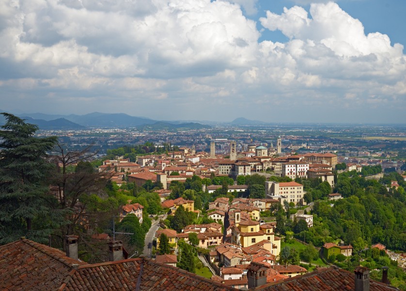 The Upper City of Bergamo. View from Via al Castello. Italy