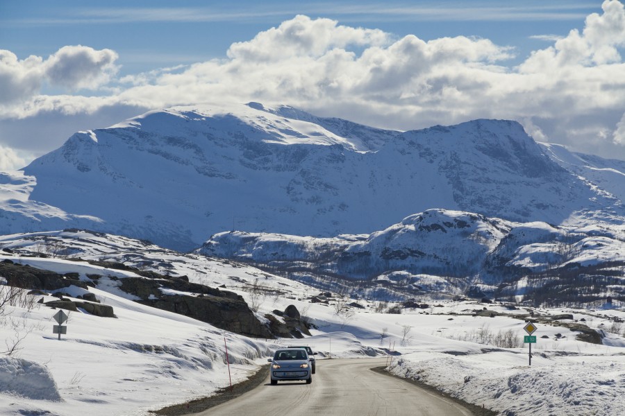E10 road and Tøtta mountain in Narvik, Nordland, Norway, 2015 April