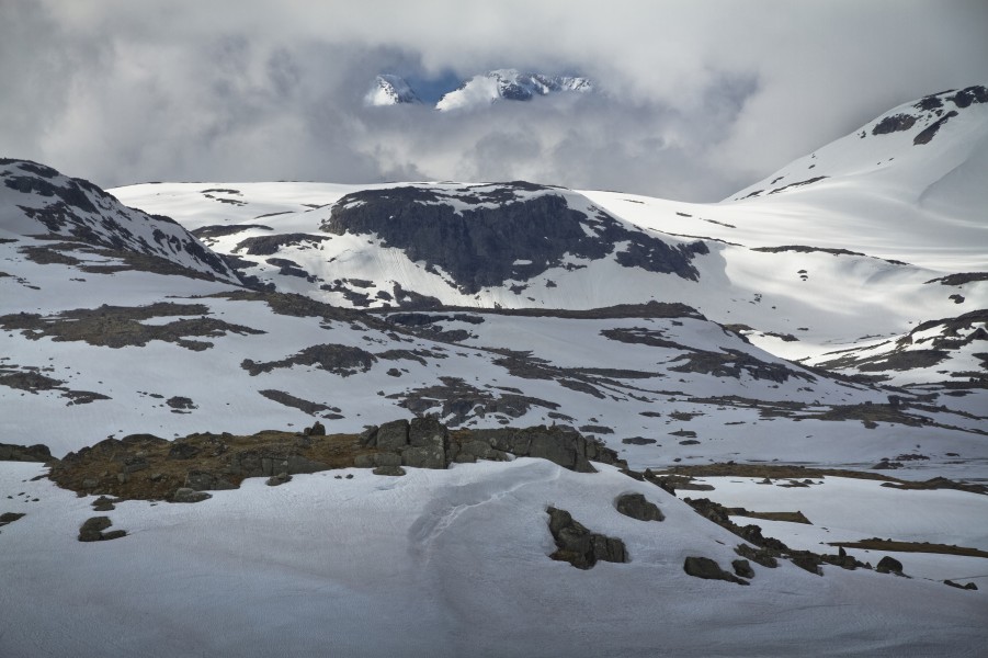 Some Hurrungane peaks looming above Grånosi, Oppland, Norway in 2013 June