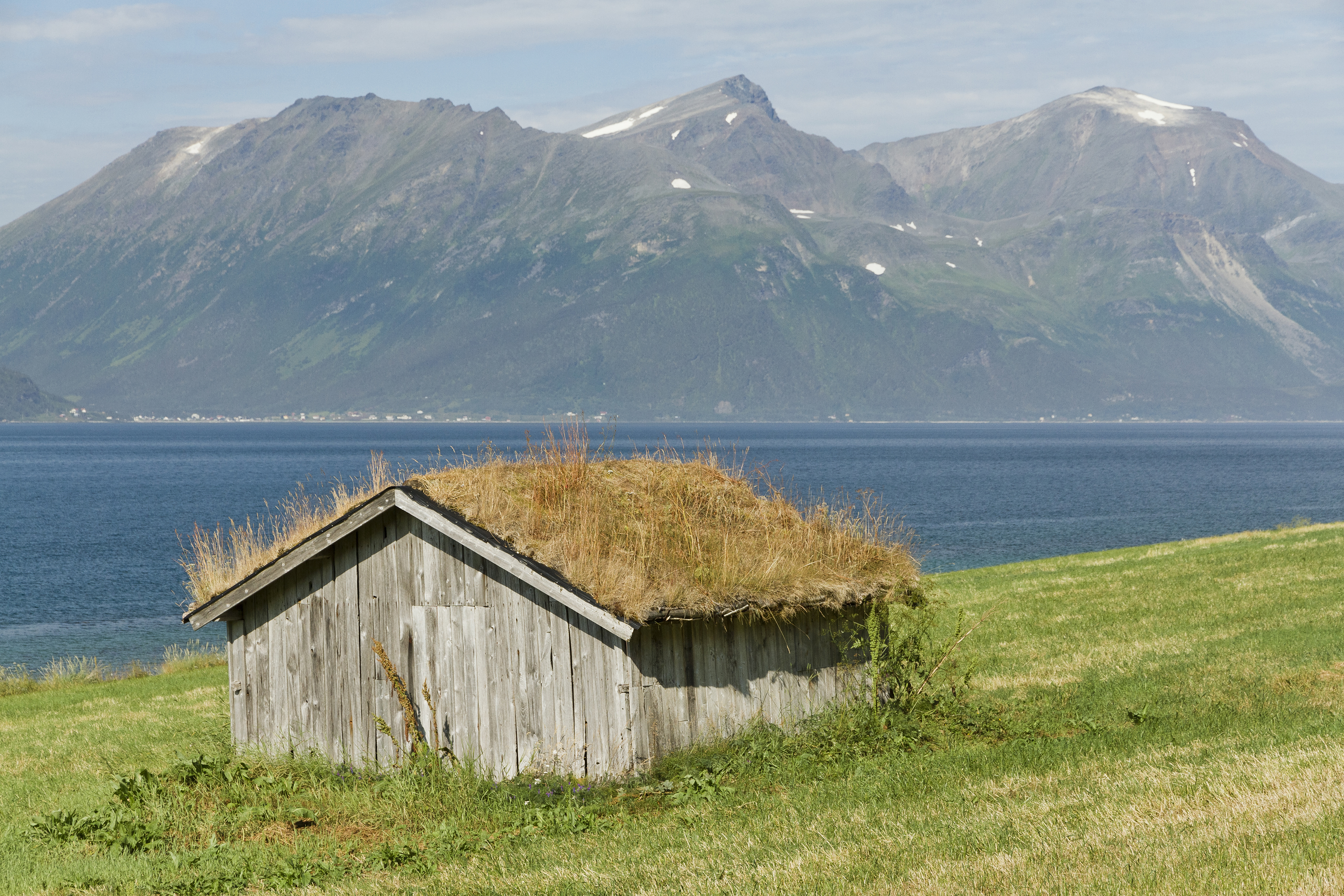 Shed with hay roof at Ullsfjorden, Lyngen, Troms, Norway, 2014 August