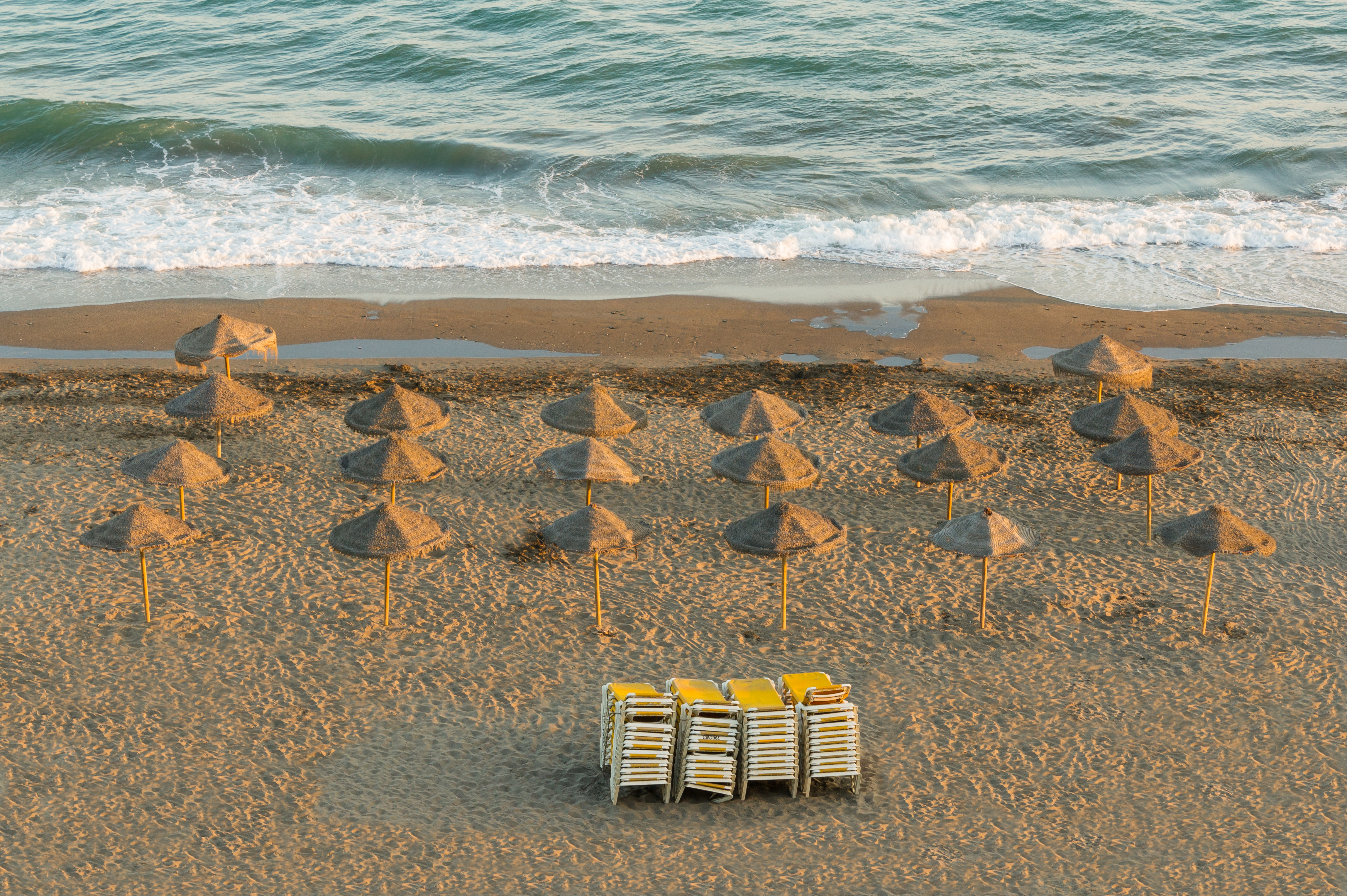Parasols, Evening, Beach, Rincon de la Victoria, Andalusia, Spain