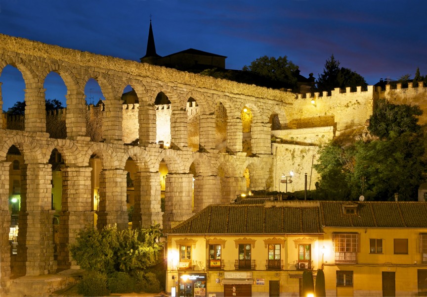 Aqueduct city wall Segovia night