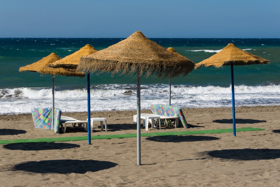 Parasols, beach furniture, Beach, Rincon de la Victoria, Andalusia, Spain