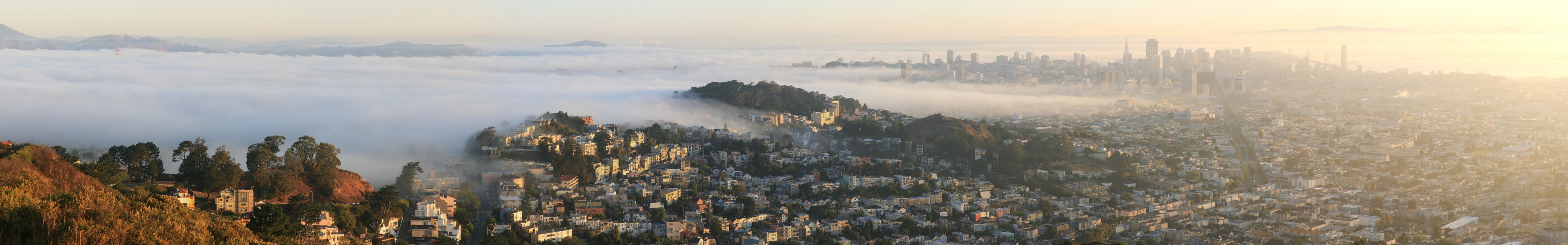 San Francisco Downtown, and Golden Gate Bridge early morning panorama
