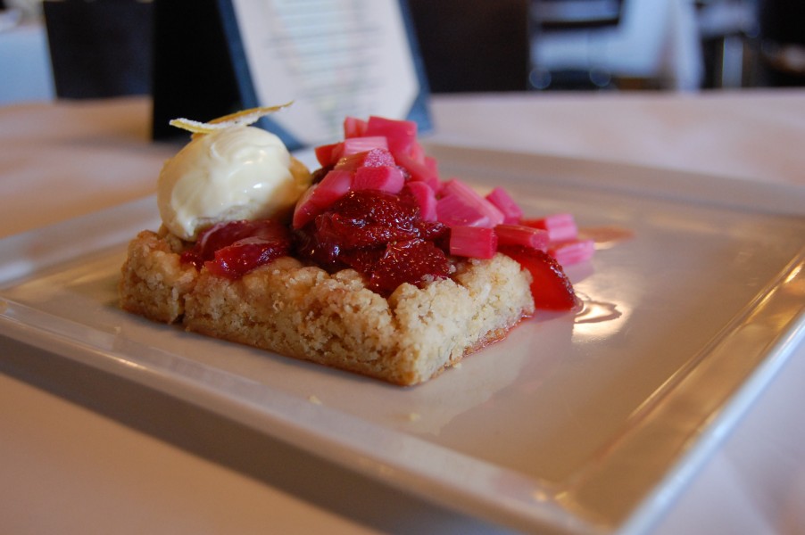 Blondie with strawberry and rhubarb