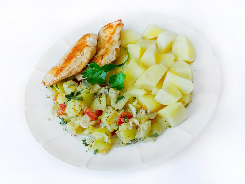 Lunch dish (pumpkin sauce, potatoes and chicken steak)