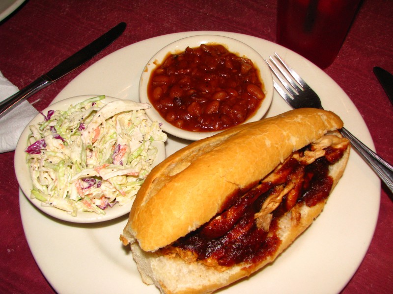 Pulled chicken, cole slaw, and beans at Squeal