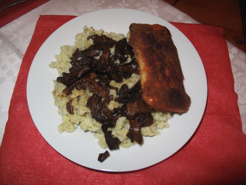 Smažený amur, chlupaté knedlíky, houby