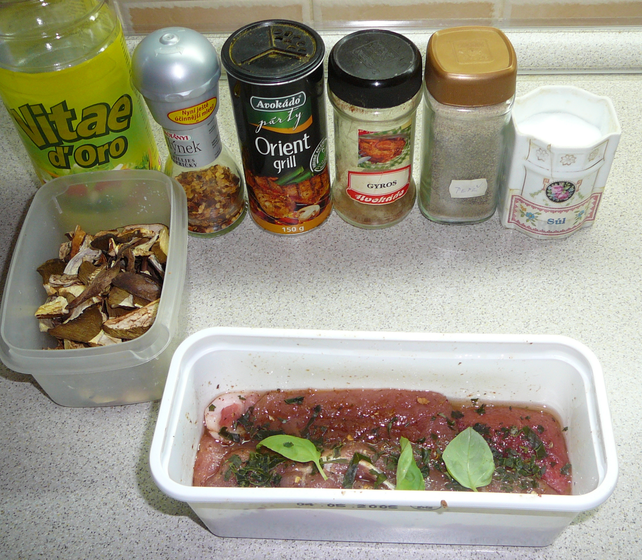 Soaked steaks with ingredients