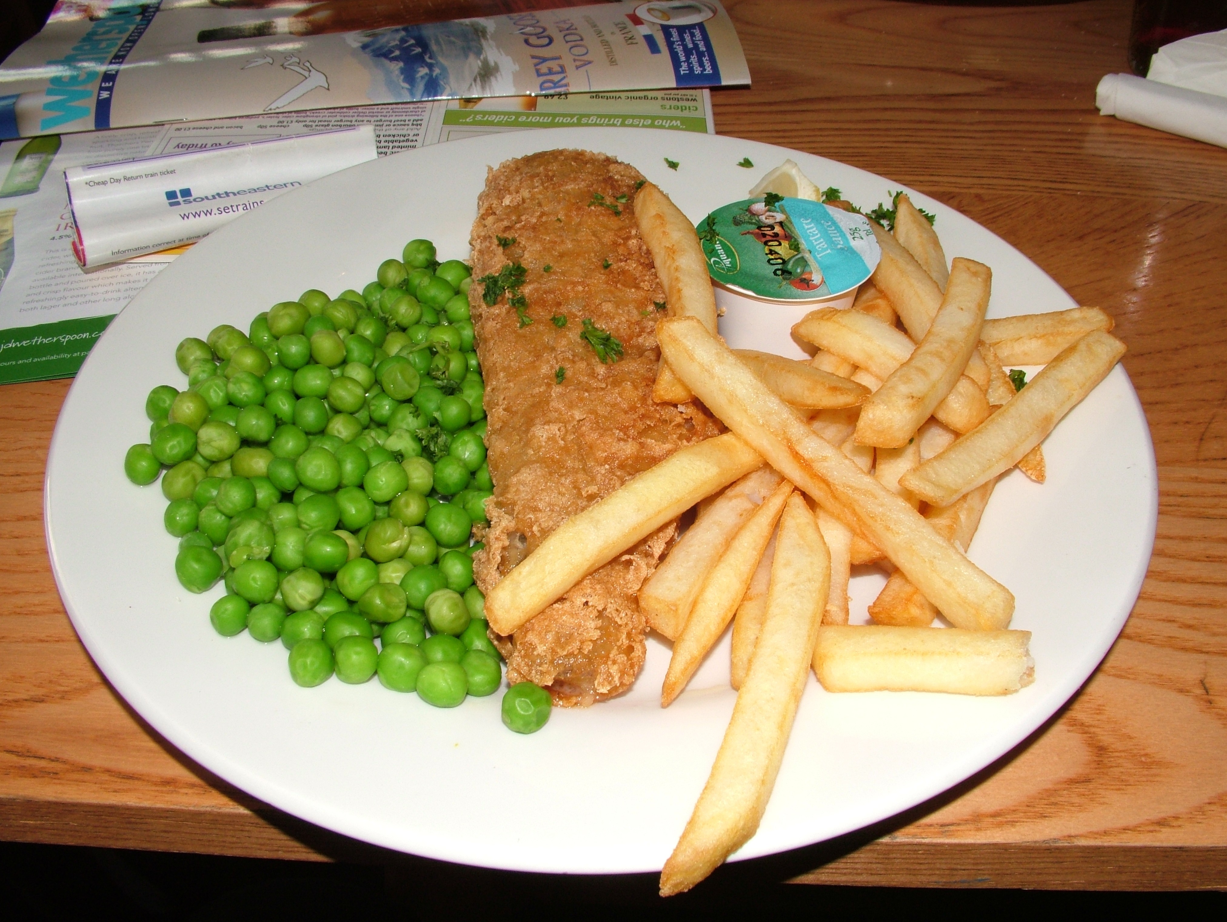 Fish and chips with peas
