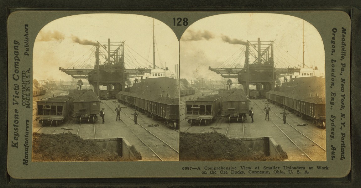 A comprehensive view of smaller uploaders at work on the oar docks, Conneaut, Ohio, by Keystone View Company