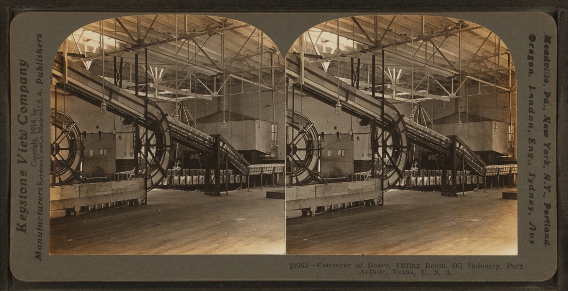 Conveyor of boxes, filling room, oil industry, Port Arthur, Texas, U.S.A., by Keystone View Company