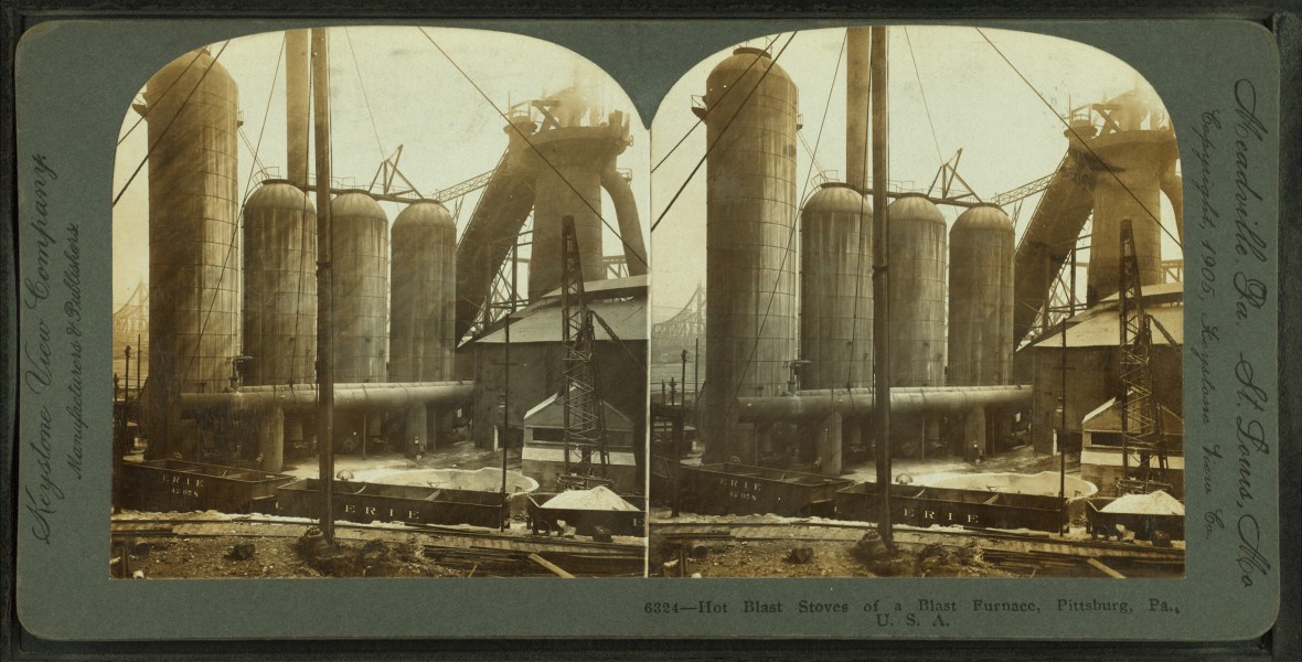 Hot blast stoves of a blast furnace, Pittsburg, Pa., U.S.A, from Robert N. Dennis collection of stereoscopic views