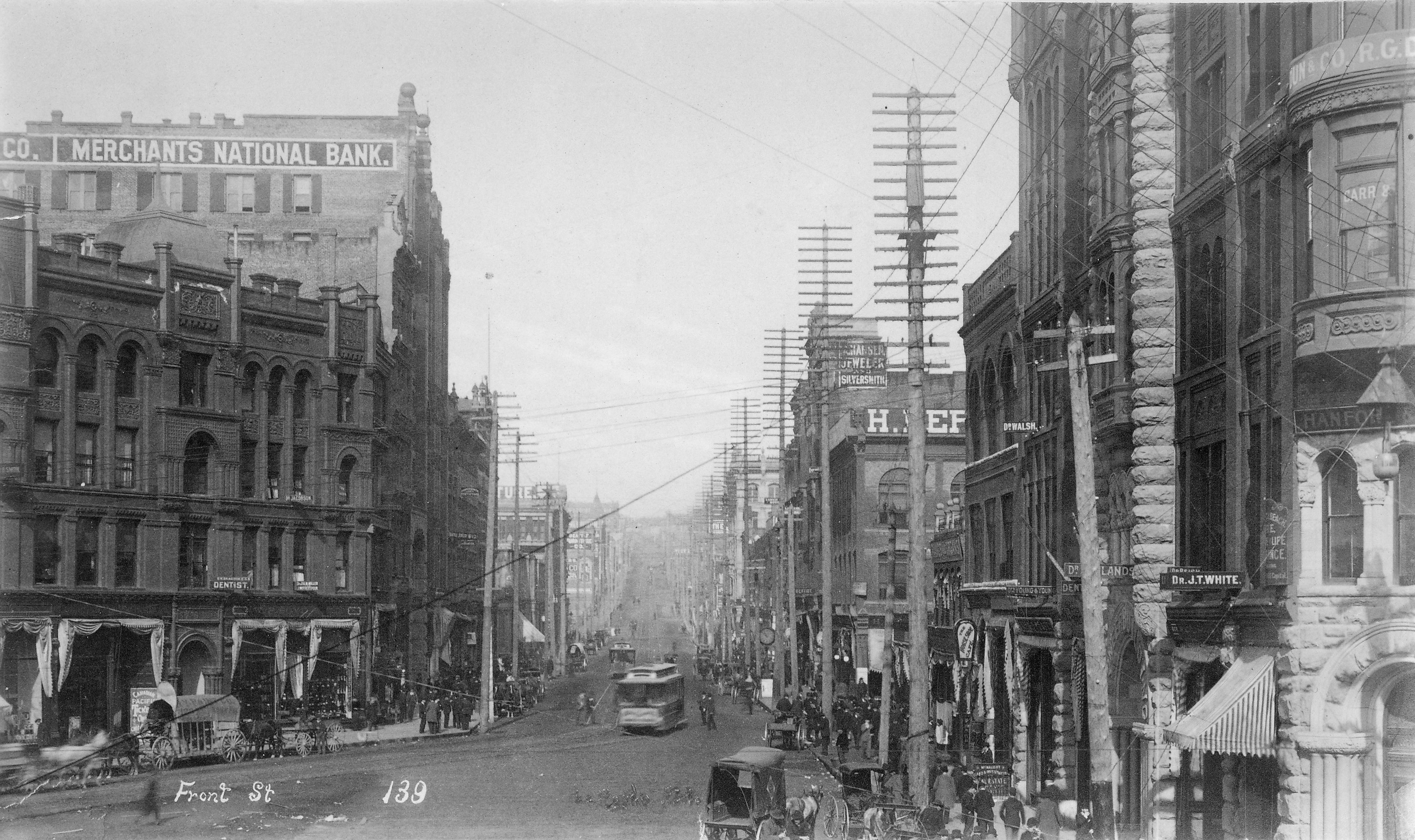 1st Ave from James St, Seattle, Washington, ca 1891 (LAROCHE 316)