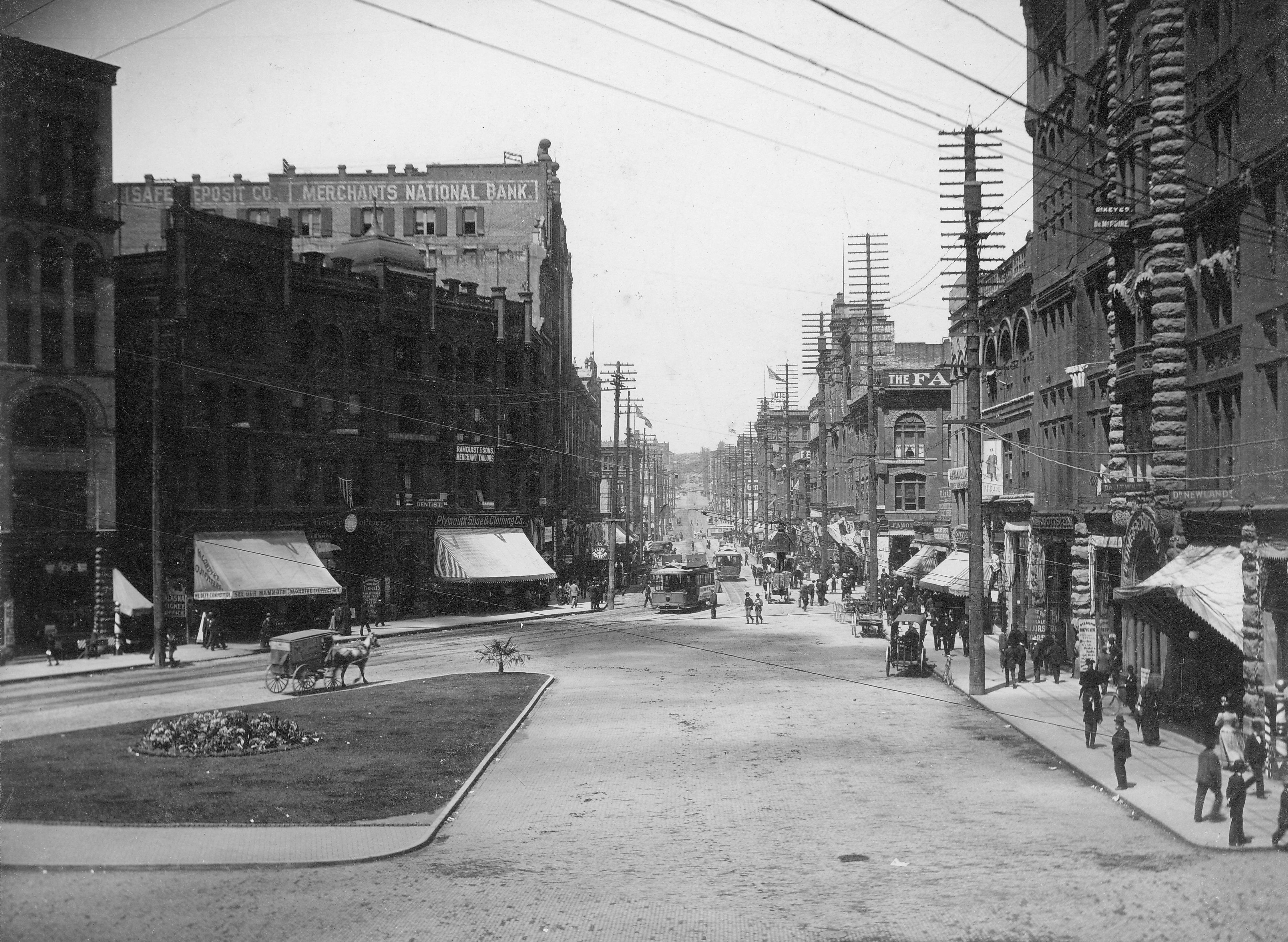 1st Ave from James St, Seattle, Washington, ca 1892 (LAROCHE 315)
