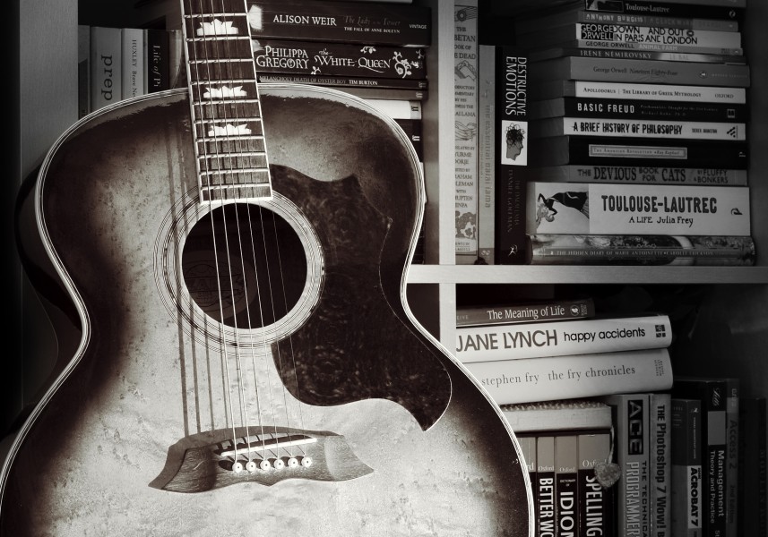 Guitar up against the bookcase