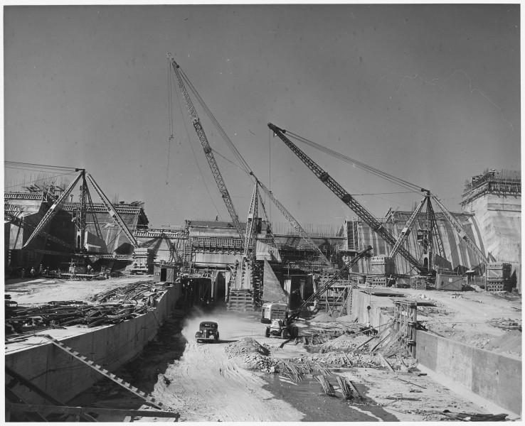 Looking upstream along the axis of the outlet channel showing the detail of construction. Note the arrangement of the... - NARA - 295314