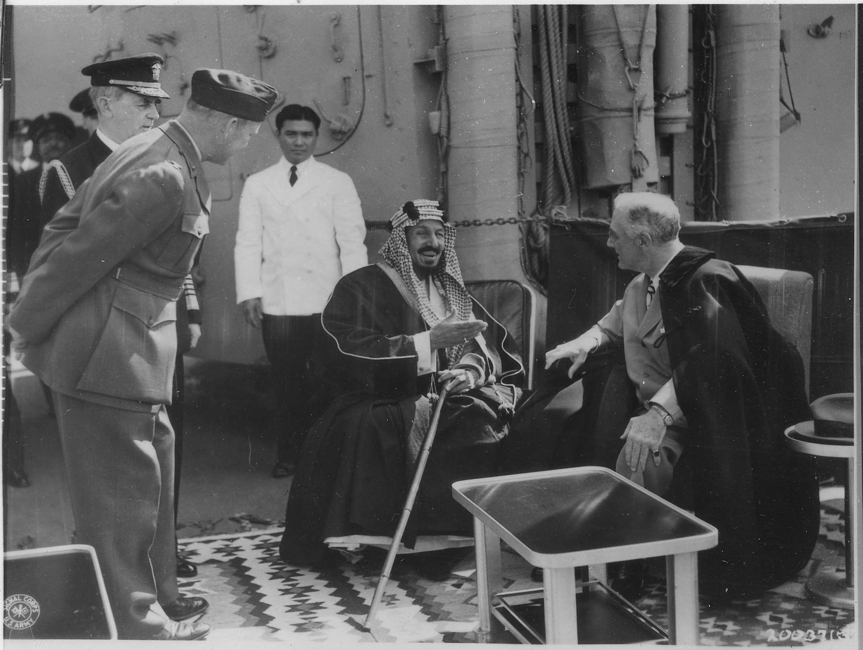 Franklin D. Roosevelt and King Ibn Saud of Saudi Arabia at Great Bitter Lake in Egypt - NARA - 197295