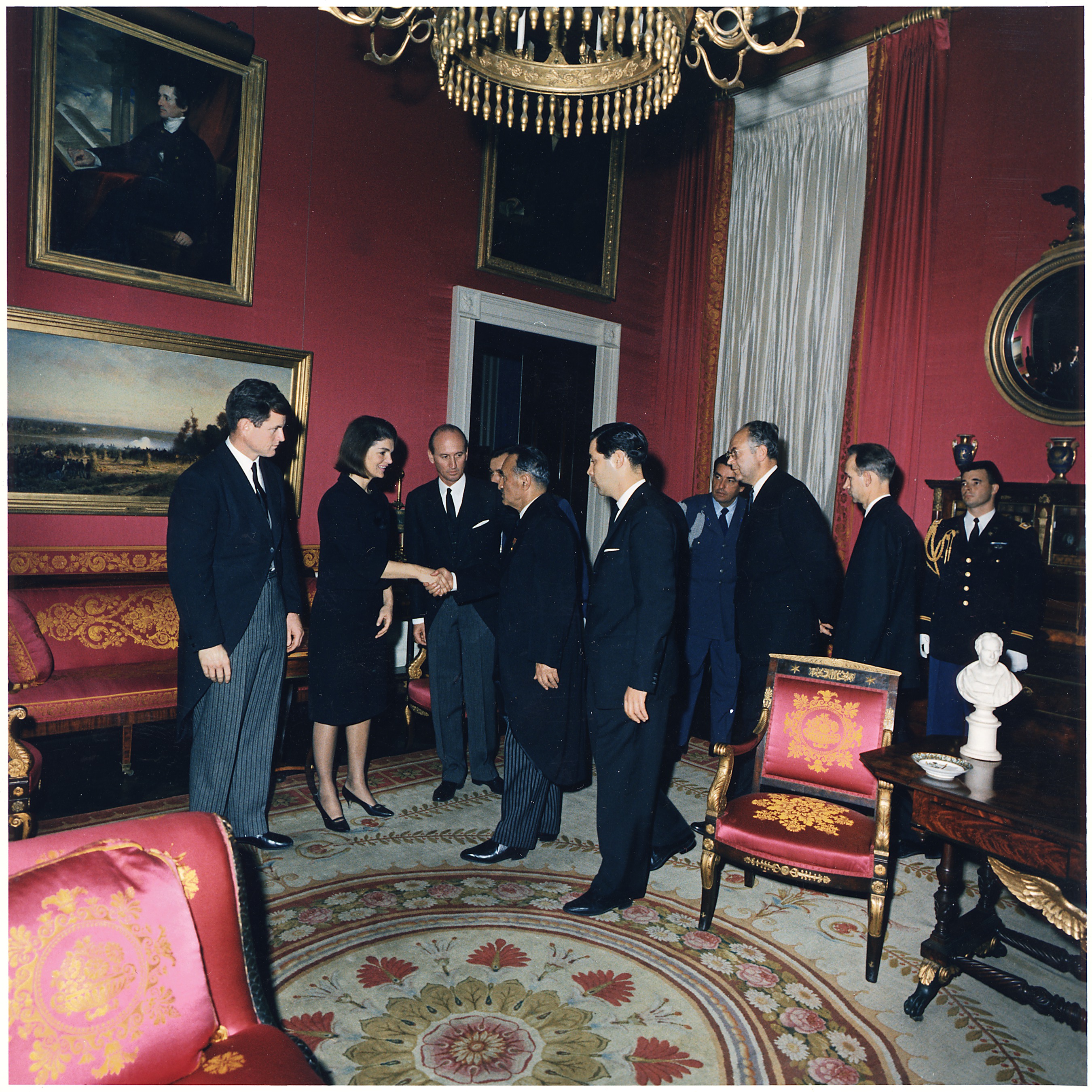 Post funeral reception. Senator Edward M. Kennedy, Mrs. Jacqueline Bouvier Kennedy, Angier Biddle Duke, reception... - NARA - 194232