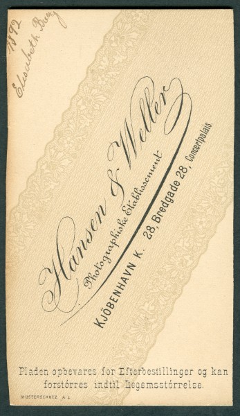 1892 Hansen & Weller Photographiske Etablissement Kjöbenhavn K. 28, Bredgade 28, Concertpalais Musterschutz A L Bang Elisabeth adress site