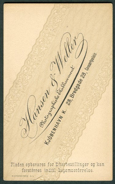 1892 Hansen & Weller Photographiske Etablissement Kjöbenhavn K. 28, Bredgade 28, Concertpalais Musterschutz A L Bang Inge Sophie adress site