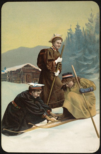 3 kvinner på ski, ca 1900 (11349722733)