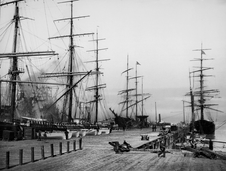 Moored schooners' masts form a wall around the dock